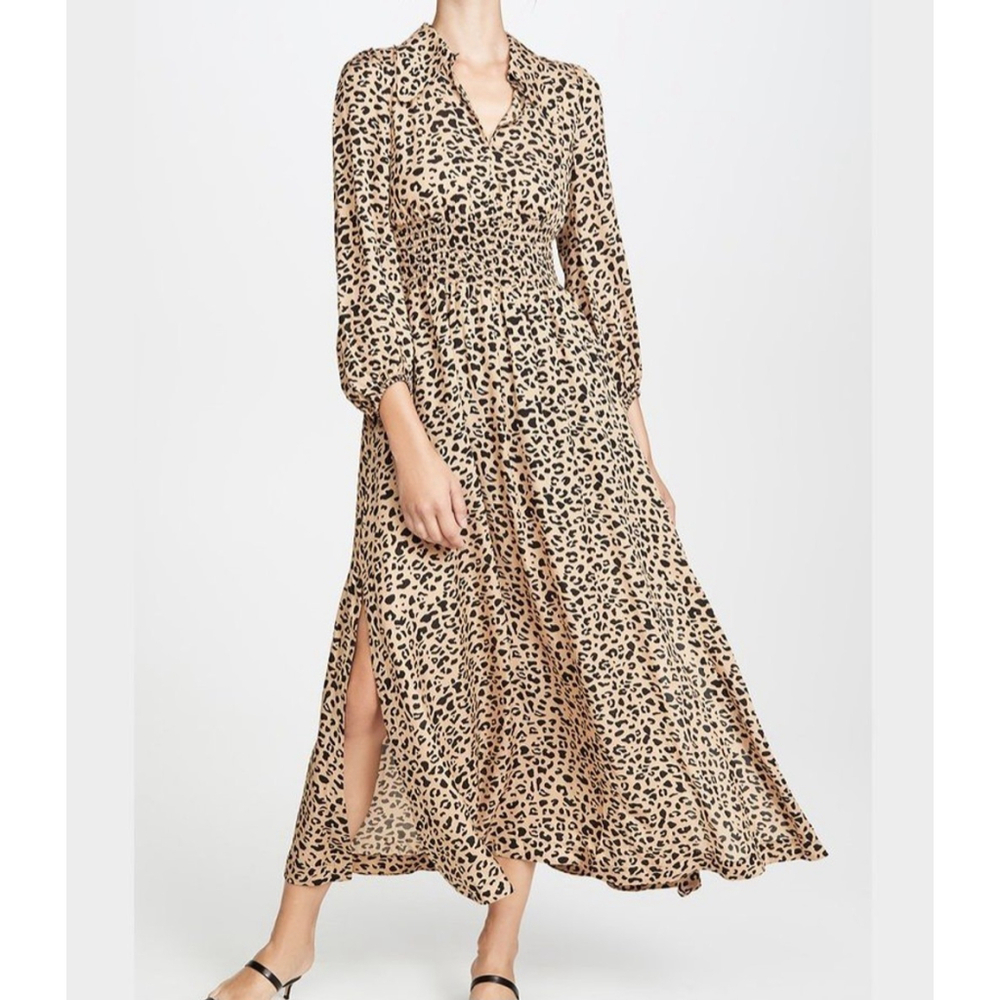 Baum Und Pferdgarten Womens Crepe Leopard Midi Dress Size 2 Tan Smocked Boho